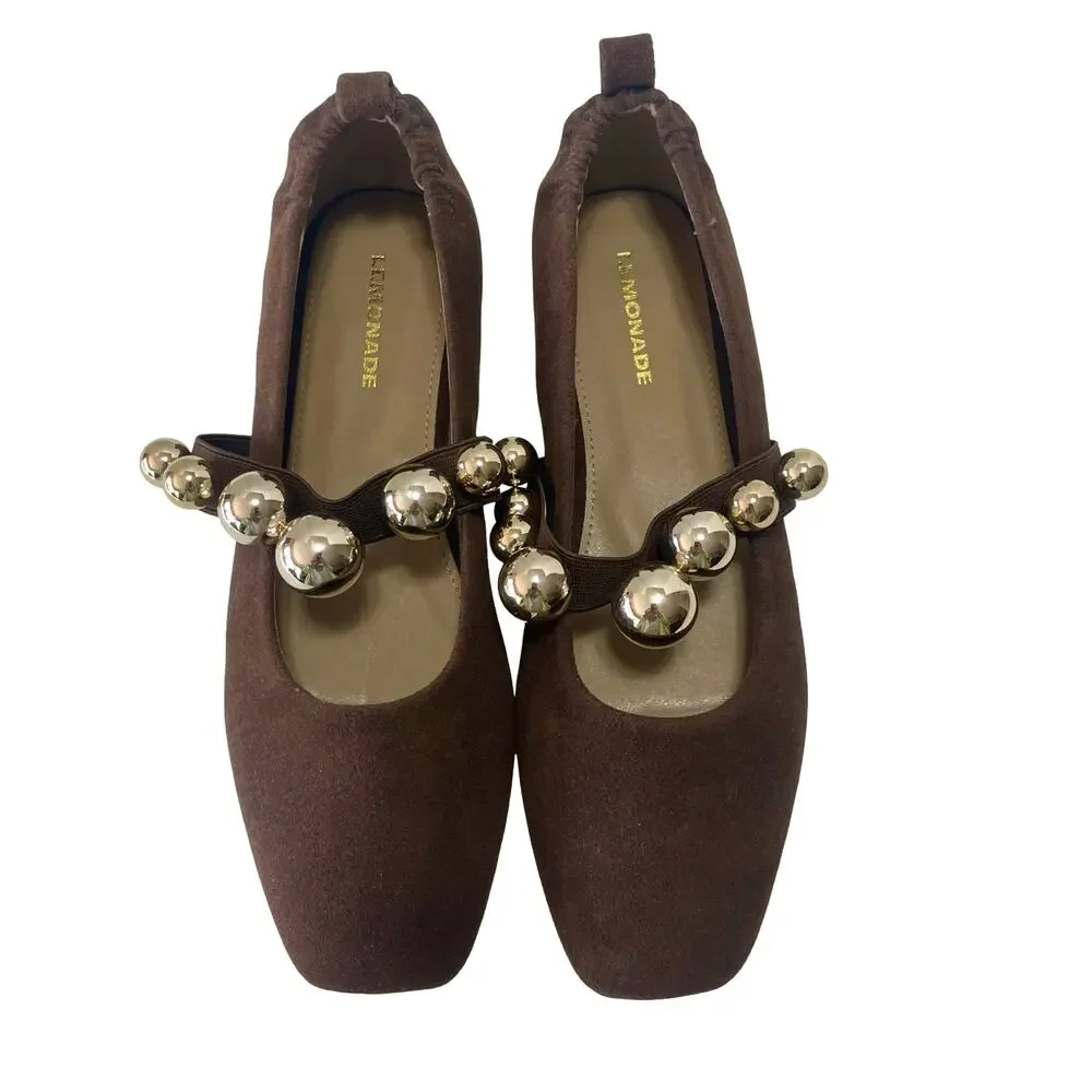 Lemonade The Colleen Ballet Flat Chocolate Brown Gold Metallic Pearl Strap Sz 8